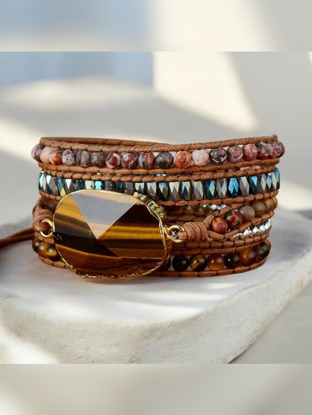 Tigers Eye & Leather Boho Wrap Bracelet - Picture 4 of 5